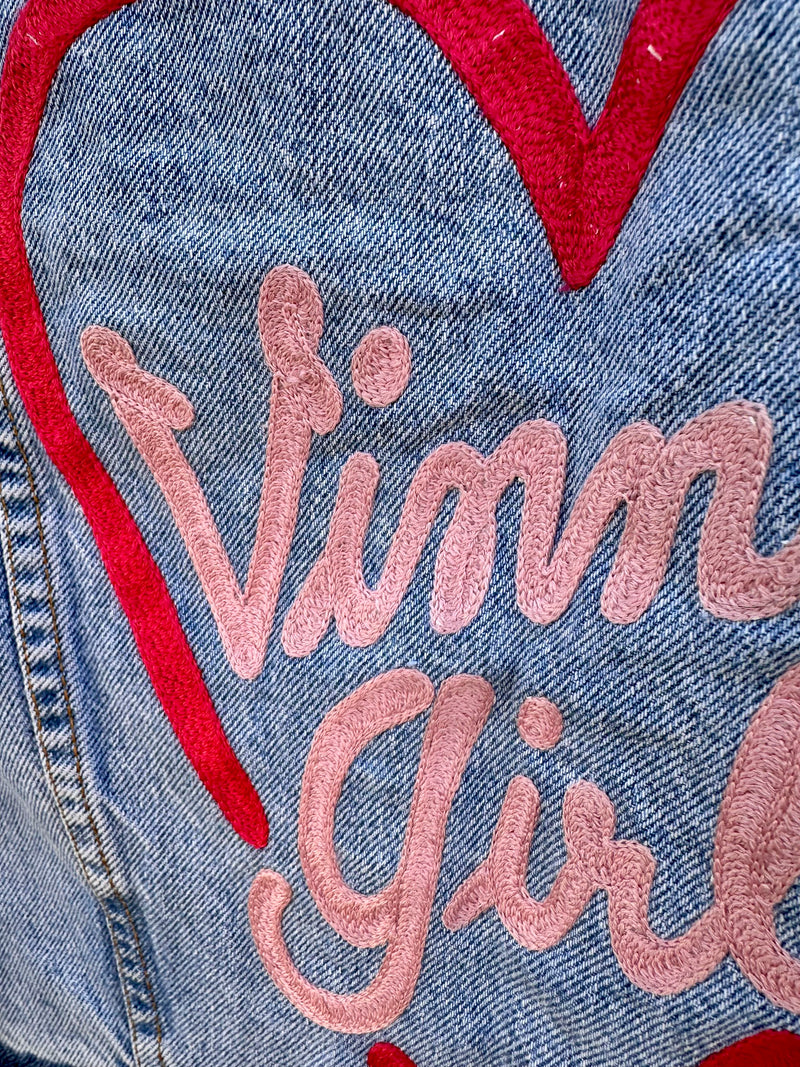 1980's Orange Tab Cropped Denim Trucker with "Vinnie's Girl" Embroidery