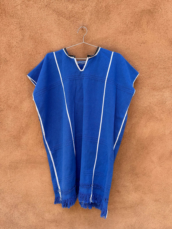 Blue Cotton Striped Poncho with Fringe
