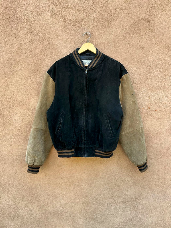 Black and Tan Letterman Style Suede 90's Bomber, as is