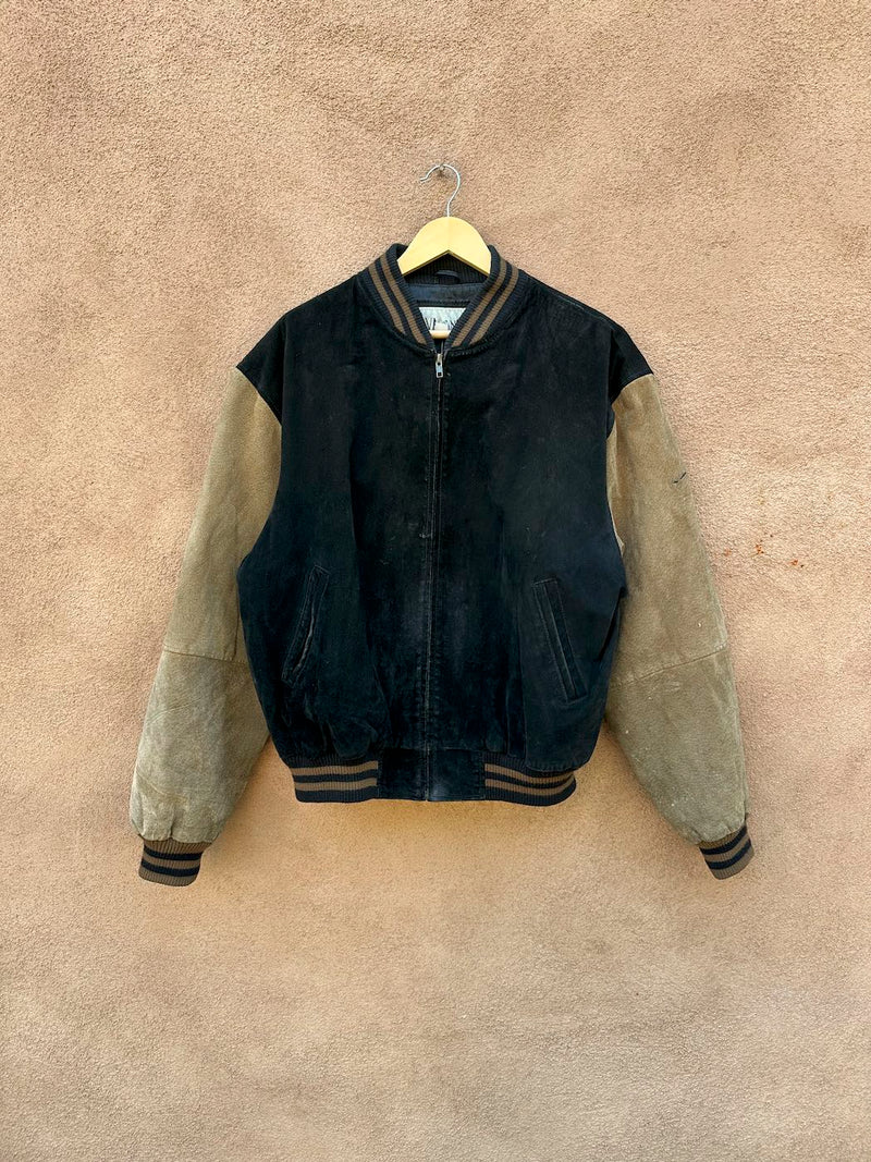 Black and Tan Letterman Style Suede 90's Bomber, as is