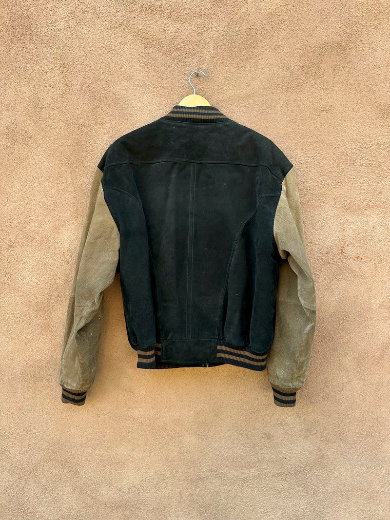Black and Tan Letterman Style Suede 90's Bomber, as is
