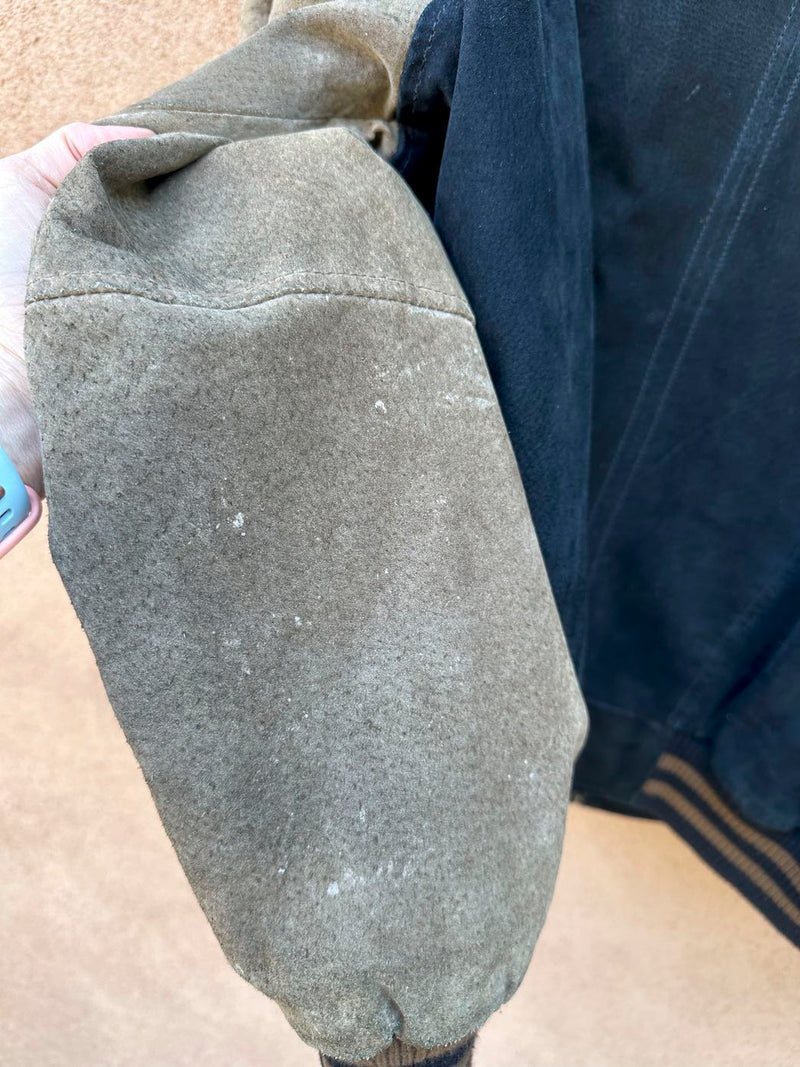 Black and Tan Letterman Style Suede 90's Bomber, as is