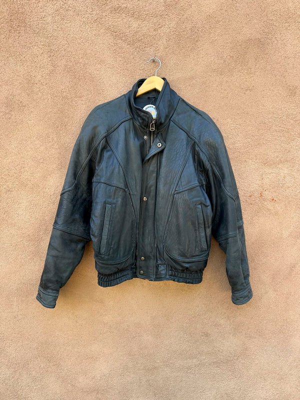 Black Leather IOU Leather Collection Bomber with Wind Guard - as is