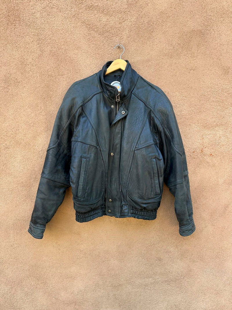 Black Leather IOU Leather Collection Bomber with Wind Guard - as is