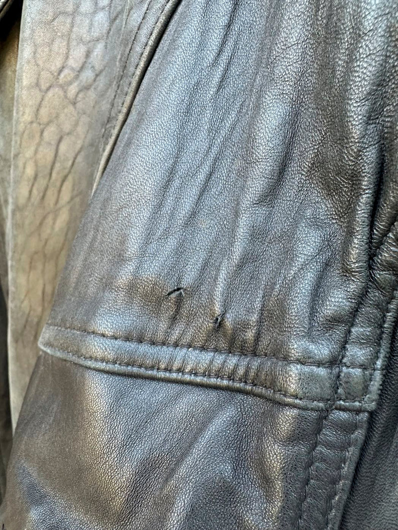 Black Leather IOU Leather Collection Bomber with Wind Guard - as is