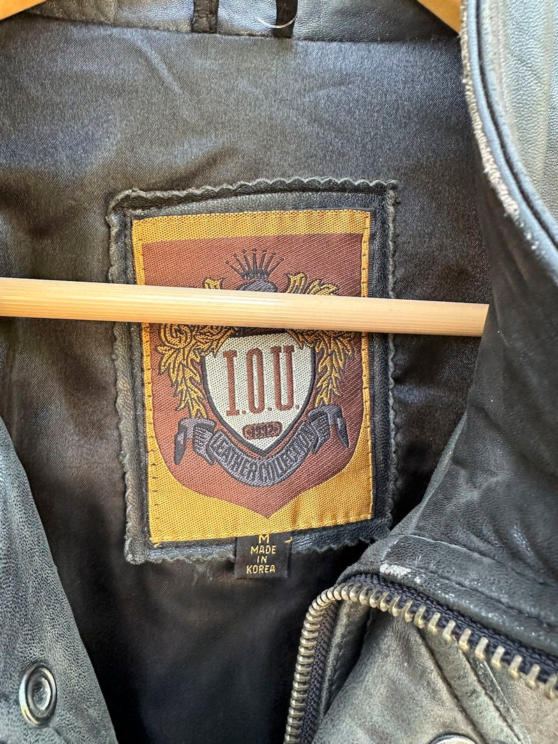 Black Leather IOU Leather Collection Bomber with Wind Guard - as is