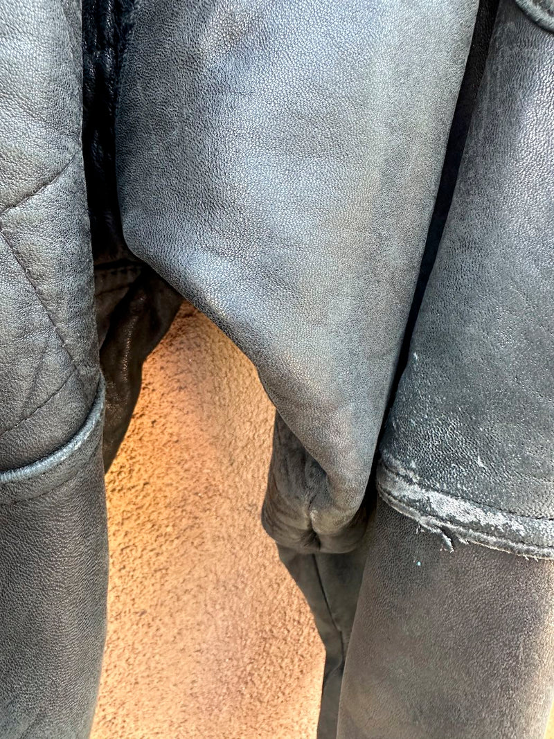 Black Leather IOU Leather Collection Bomber with Wind Guard - as is