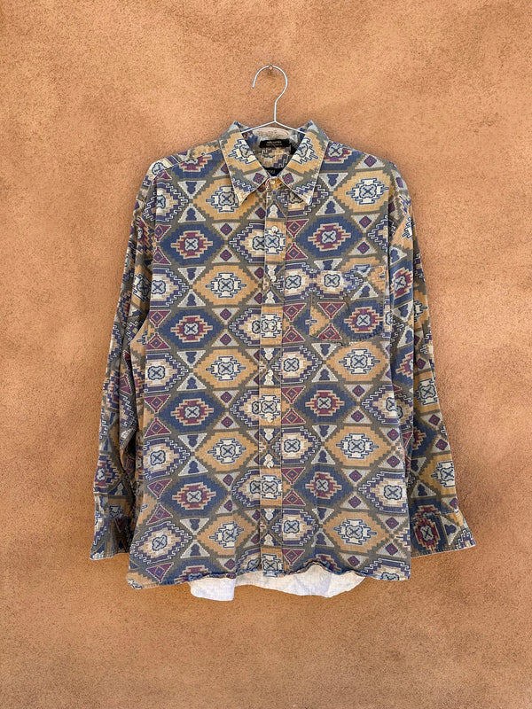 90's Ikat Pattern Men's Cotton Long Sleeve Shirt, Large