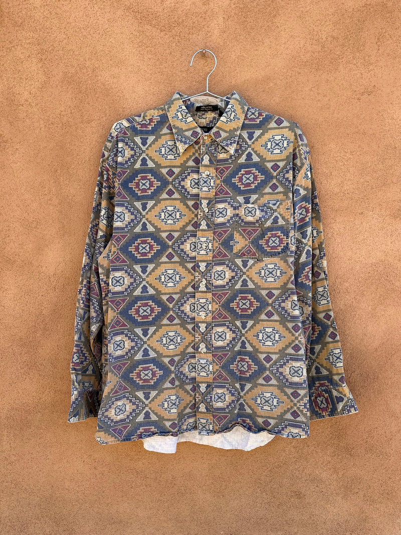 90's Ikat Pattern Men's Cotton Long Sleeve Shirt, Large
