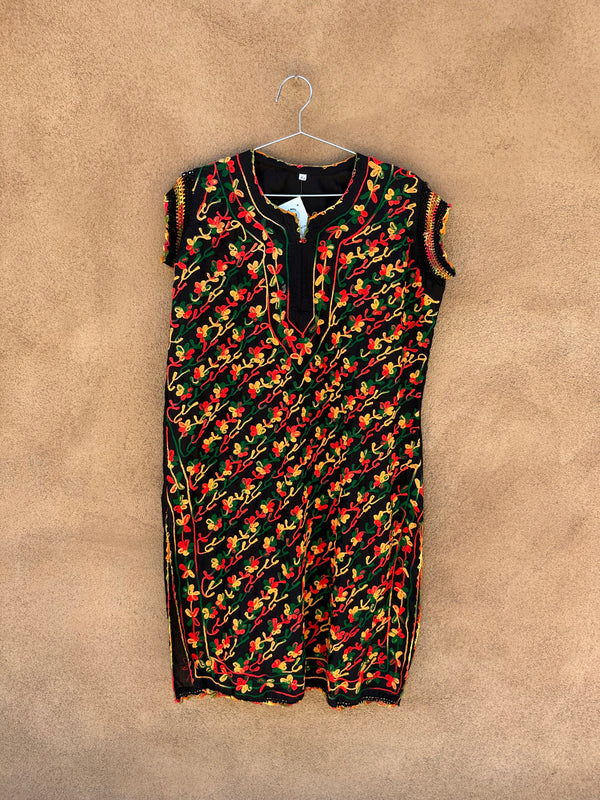 Black Mexican Dress with Floral Embroidery