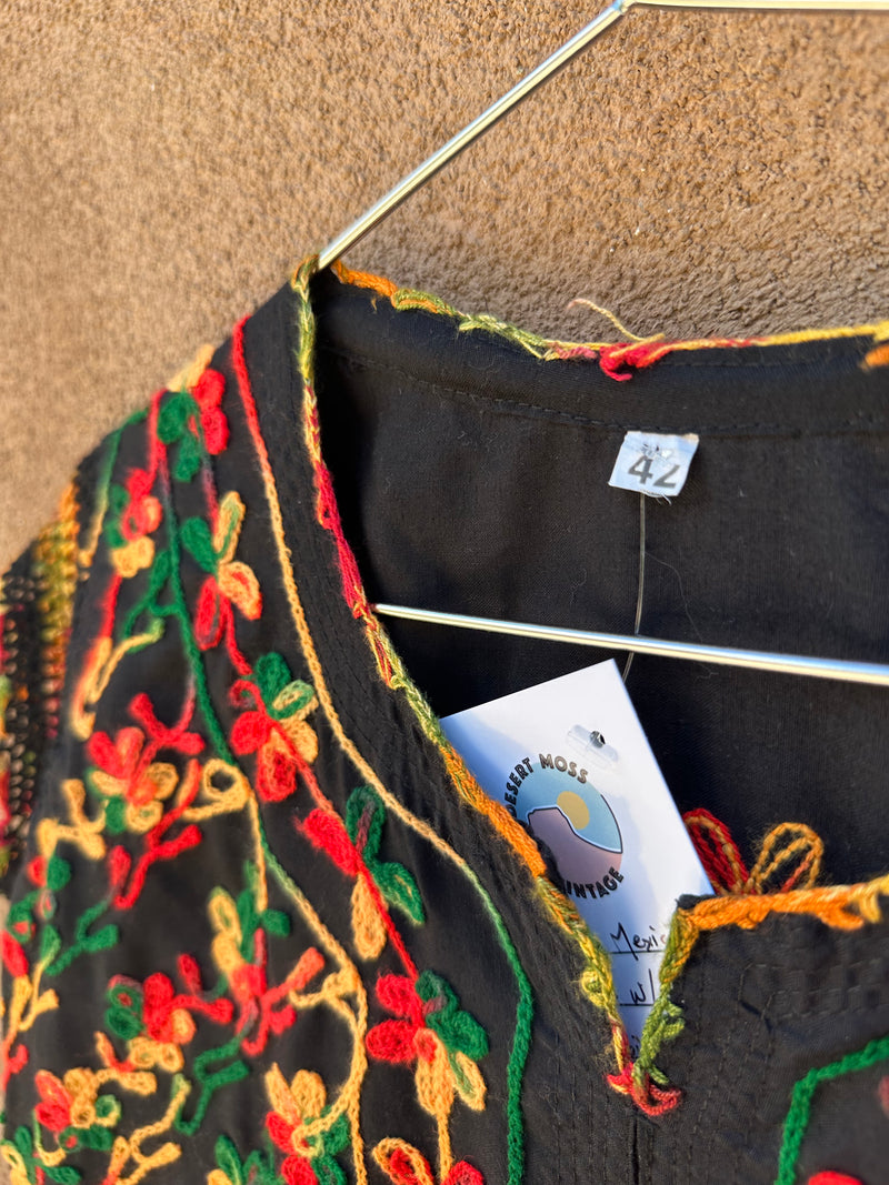 Black Mexican Dress with Floral Embroidery