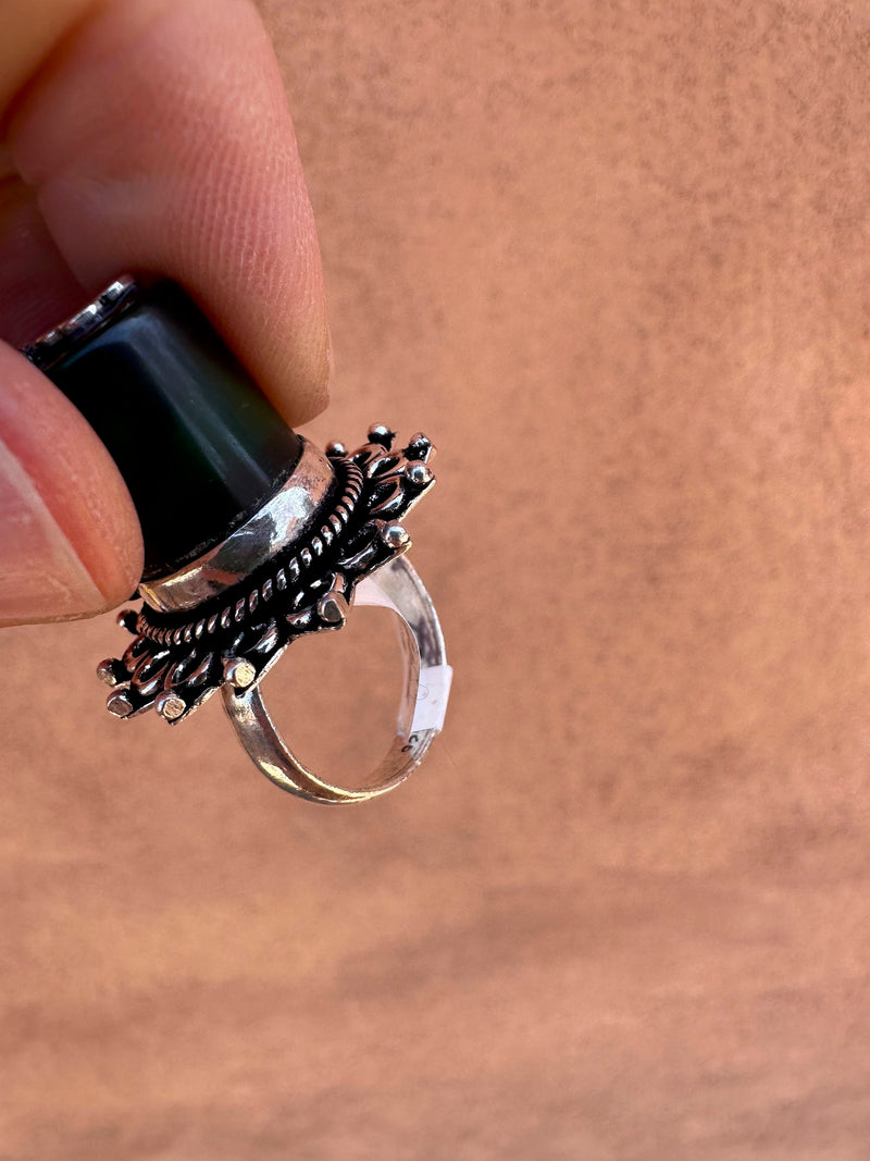 Green Glass and Sterling Silver Top Hat Ring