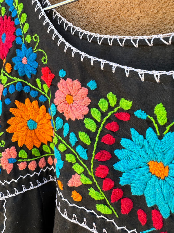 Black Huipil with Colorful Floral Embroidery