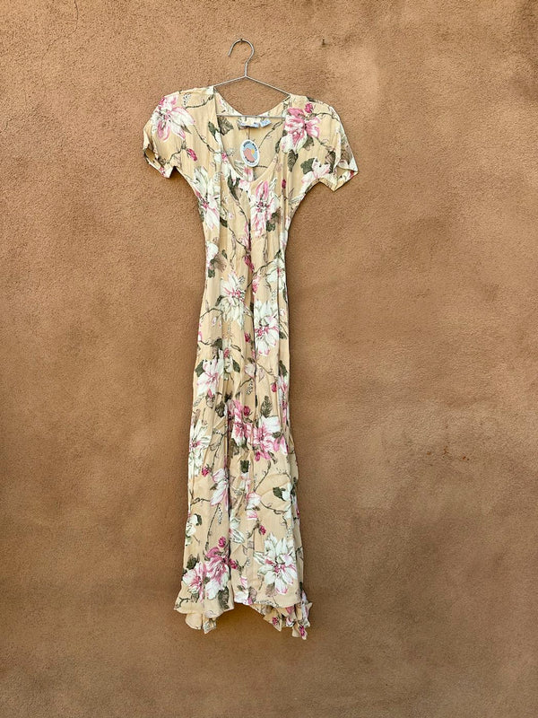 Beige Floral Rayon Dress by Nostalgia