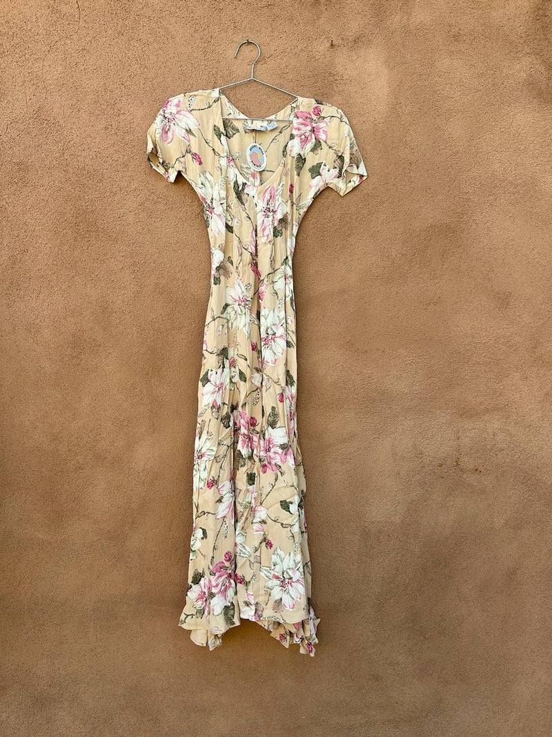 Beige Floral Rayon Dress by Nostalgia