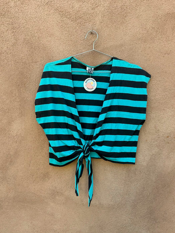 1980's Teal and Black Striped Cropped Tie Blouse by Luxus