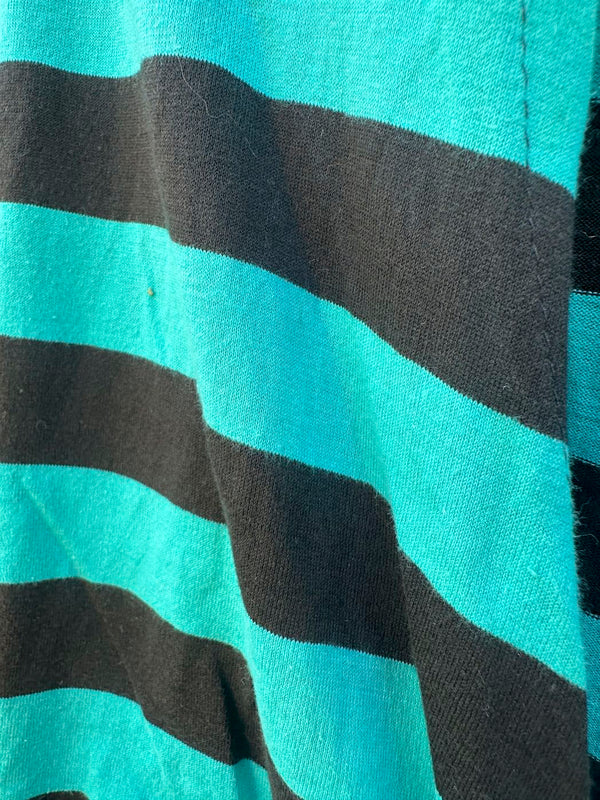 1980's Teal and Black Striped Cropped Tie Blouse by Luxus