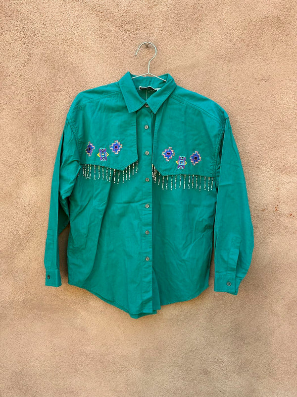 Emerald Side Saddle Western Blouse with Beaded Fringe & Embroidery