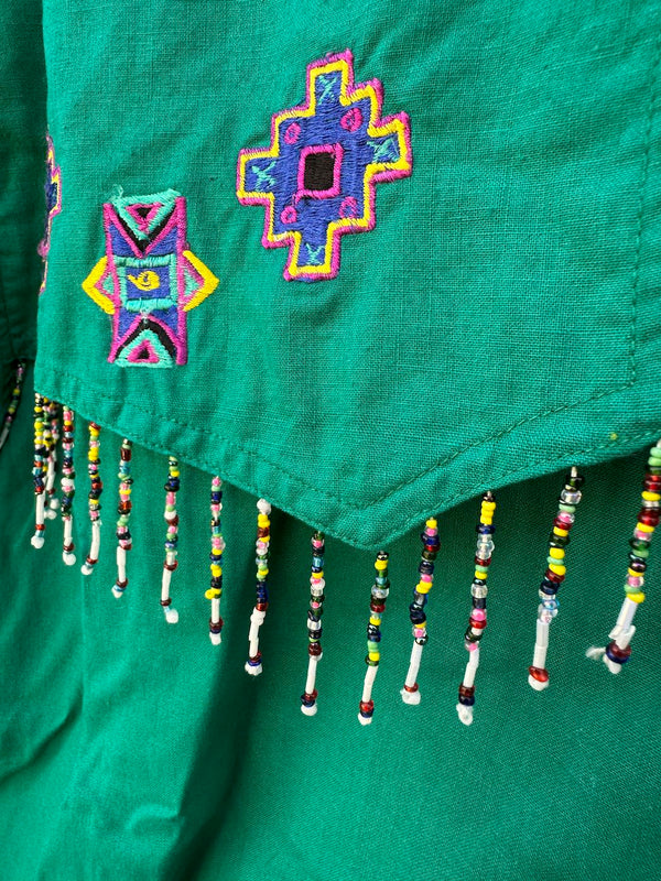 Emerald Side Saddle Western Blouse with Beaded Fringe & Embroidery