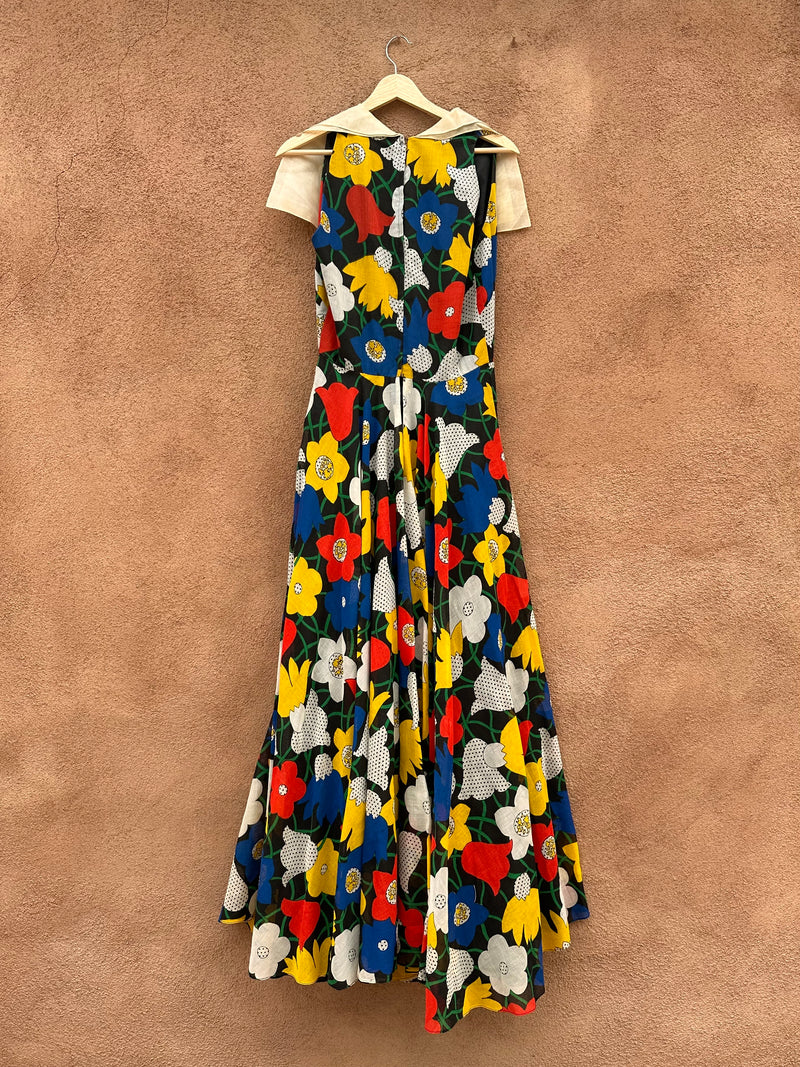 1960's Mod Floral Dress with Chiffon Collar, Union Made