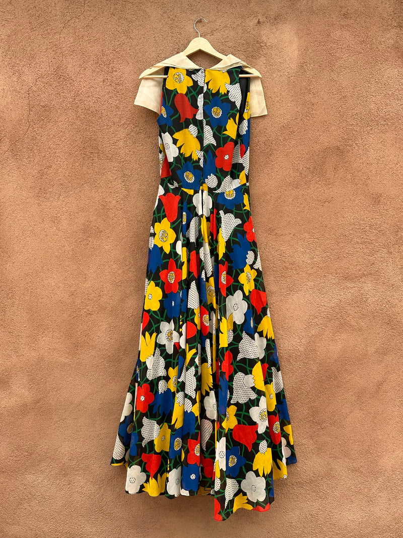 1960's Mod Floral Dress with Chiffon Collar, Union Made