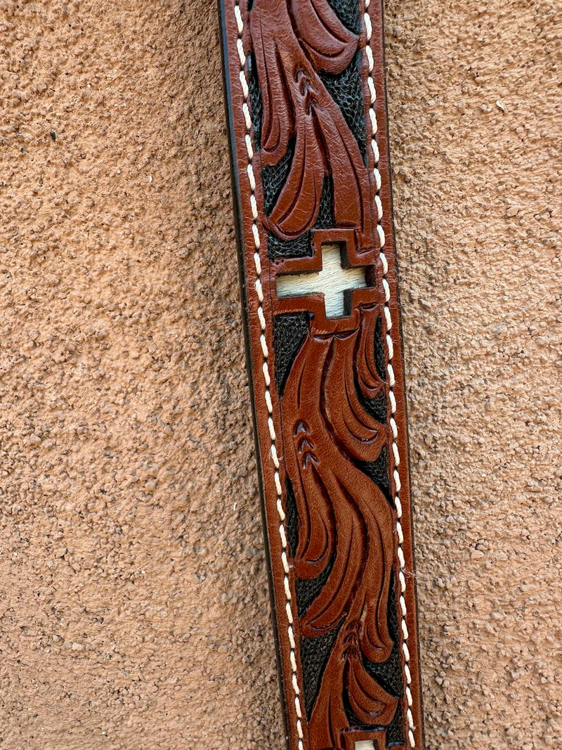 Kids Tooled Leather Belt with Horsehide Crosses