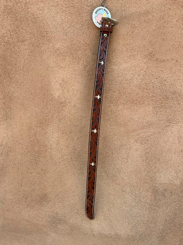 Kids Tooled Leather Belt with Horsehide Crosses