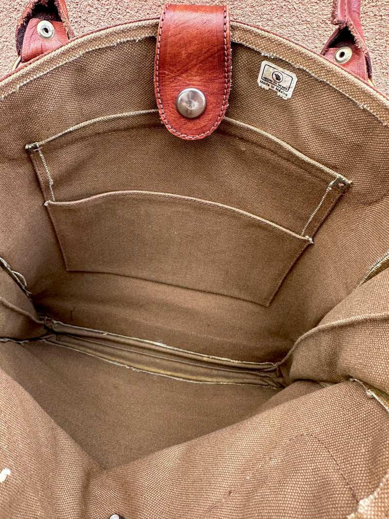 1970's Canvas and Tooled Leather Tote with Zip Pocket