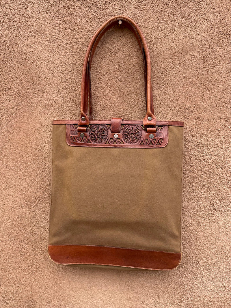 1970's Canvas and Tooled Leather Tote with Zip Pocket