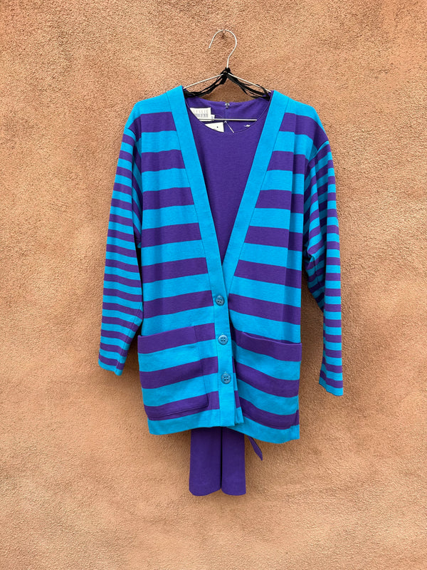 Purple & Blue Stripe Leslie Fay Cardigan and Belted Dress