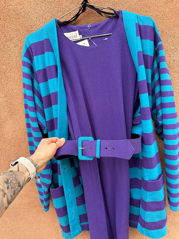 Purple & Blue Stripe Leslie Fay Cardigan and Belted Dress