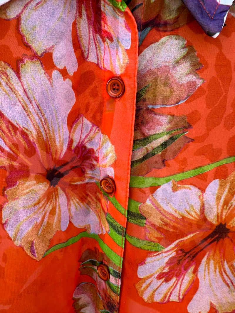 90's Sheer Orange Floral Blouse by Gee Loretta