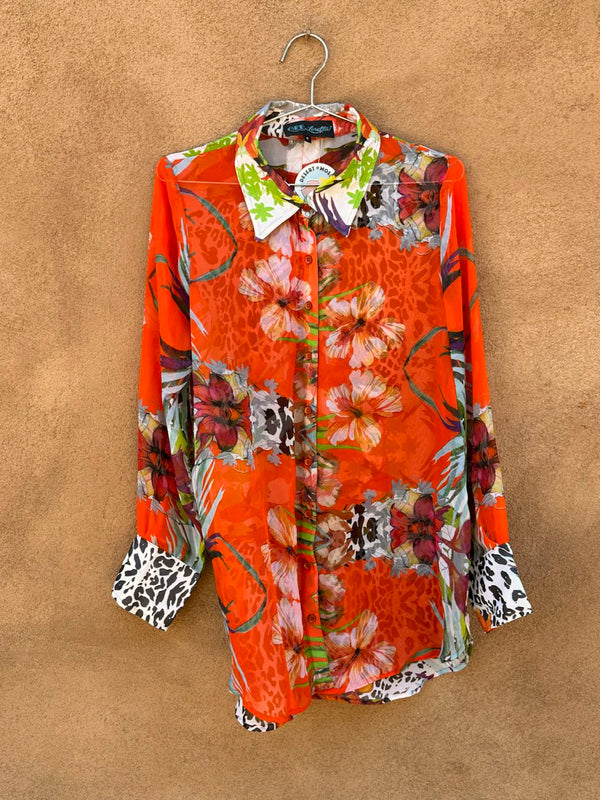 90's Sheer Orange Floral Blouse by Gee Loretta