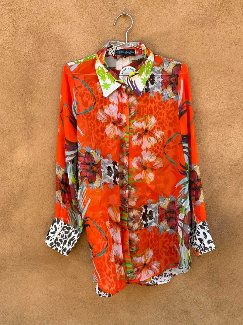 90's Sheer Orange Floral Blouse by Gee Loretta