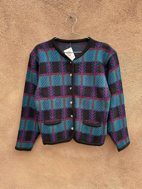 Acrylic Plaid Cardigan with Gold Buttons