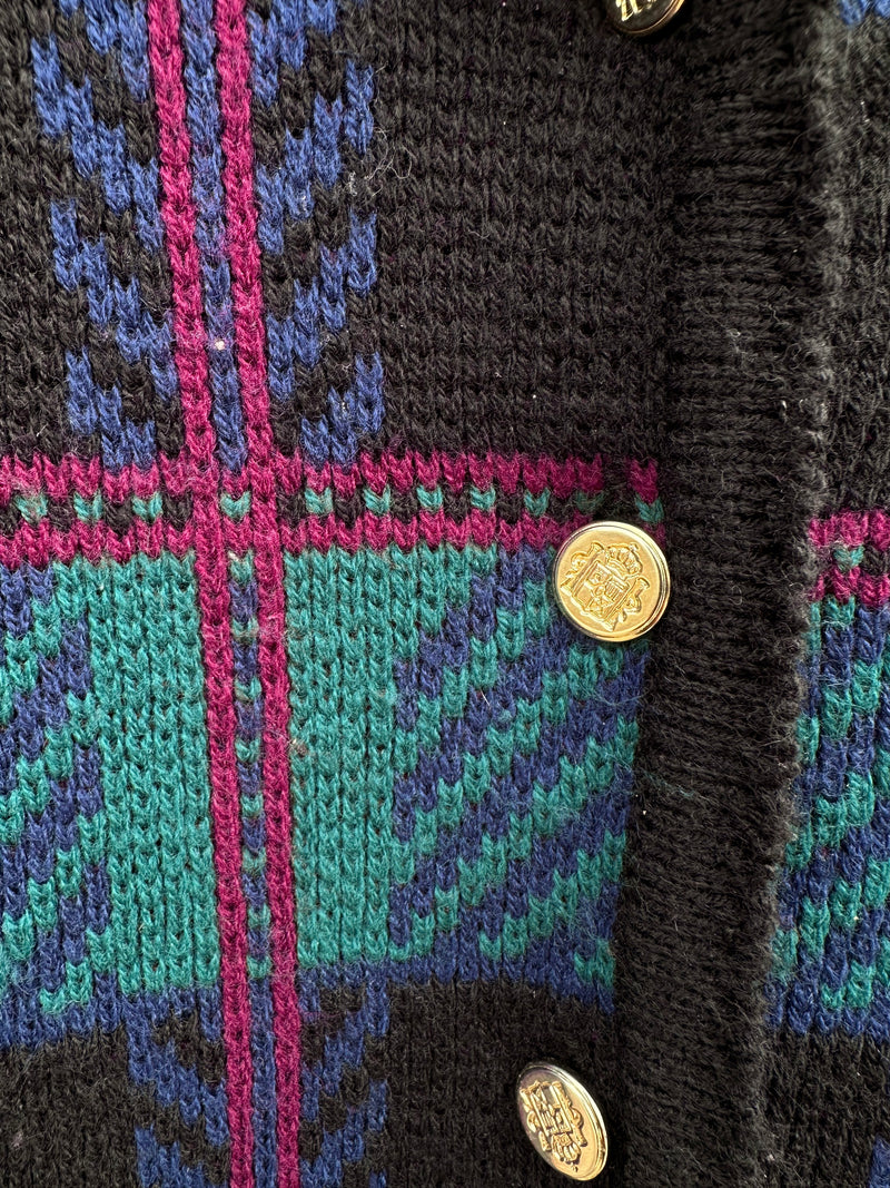 Acrylic Plaid Cardigan with Gold Buttons