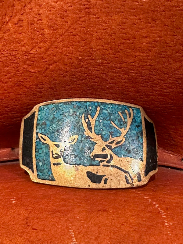 1970's Colorado Buckle Craft Belt Buckle with Buck/Deer and Turquoise Flake