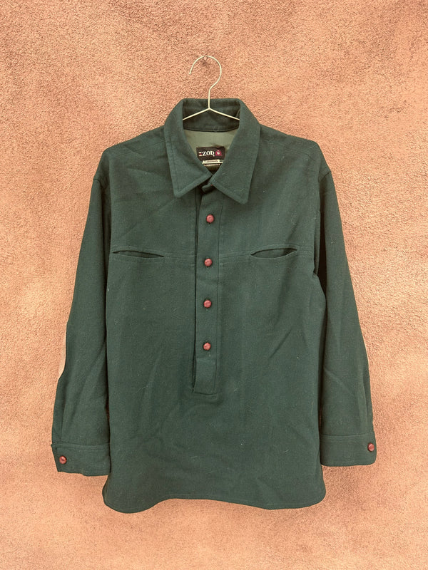 1960's IZOD Green Wool Shirt with Leather Buttons & Elbow Patches