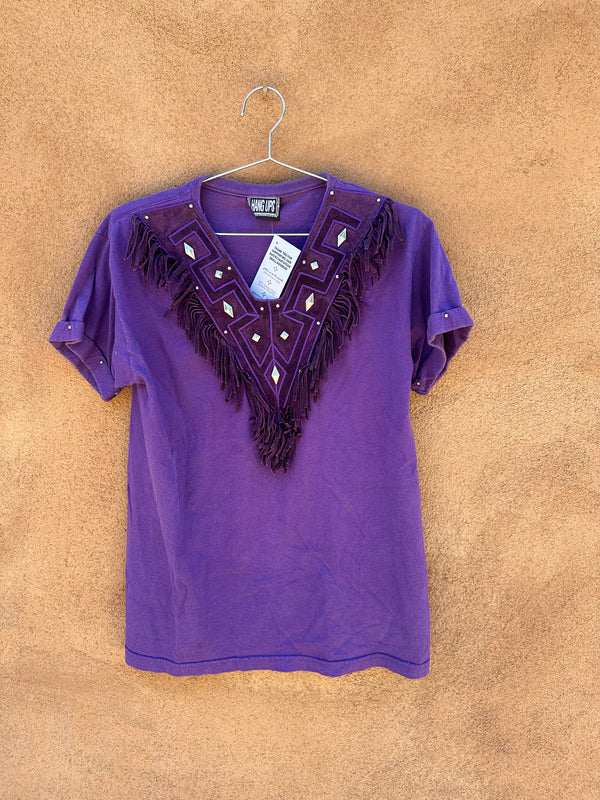 Purple Hang Ups T-shirt with Suede Fringe and Silver Beading