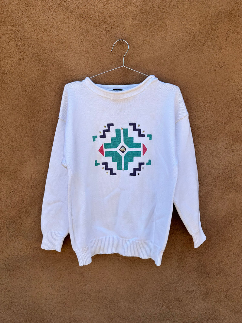 Cotton Sweater with Southwestern Design and Concho Studs