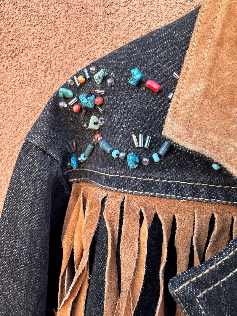Dark Wash Denim with Suede Fringe & Collar & Beading, sz 8
