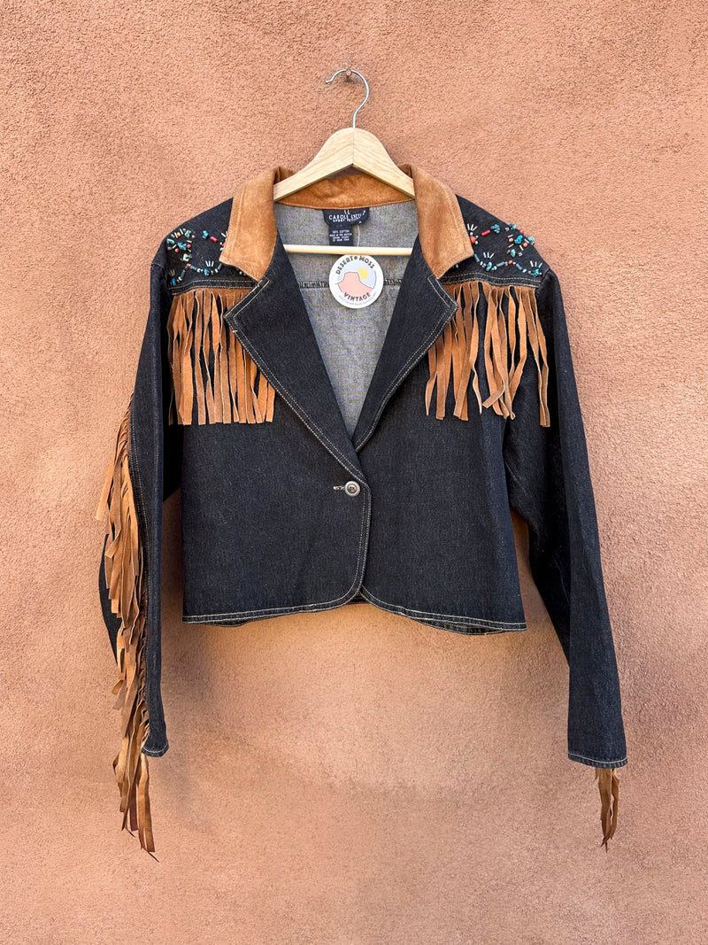 Dark Wash Denim with Suede Fringe & Collar & Beading, sz 8