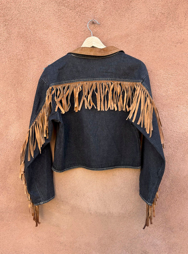Dark Wash Denim with Suede Fringe & Collar & Beading, sz 8
