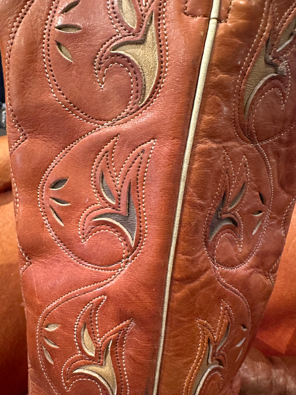Brown Leather with Floral Inlay Tall Cowgirl Boots - 7.5
