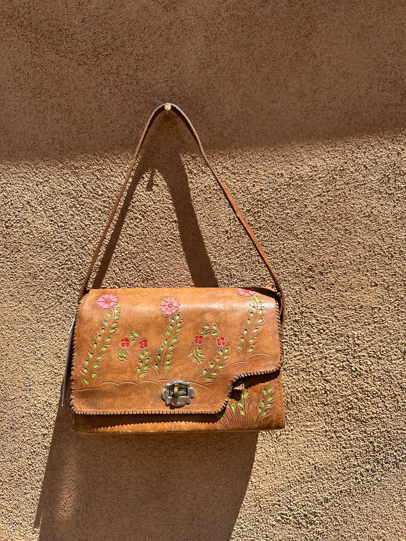 1960's Floral Hand Tooled Leather Purse with Multiple Pockets