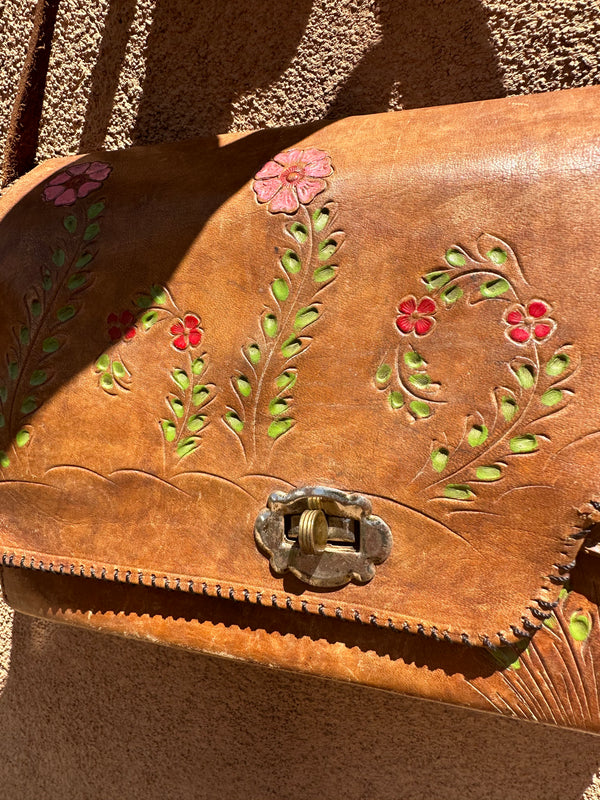 1960's Floral Hand Tooled Leather Purse with Multiple Pockets