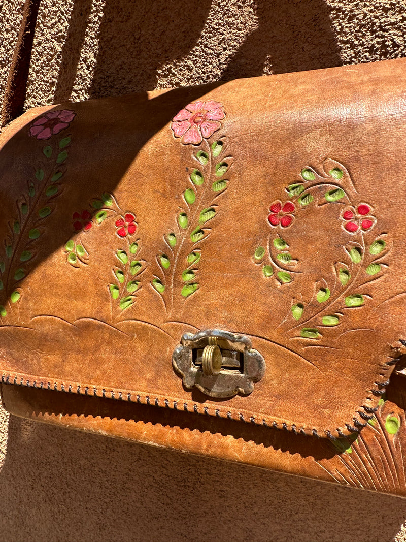 1960's Floral Hand Tooled Leather Purse with Multiple Pockets
