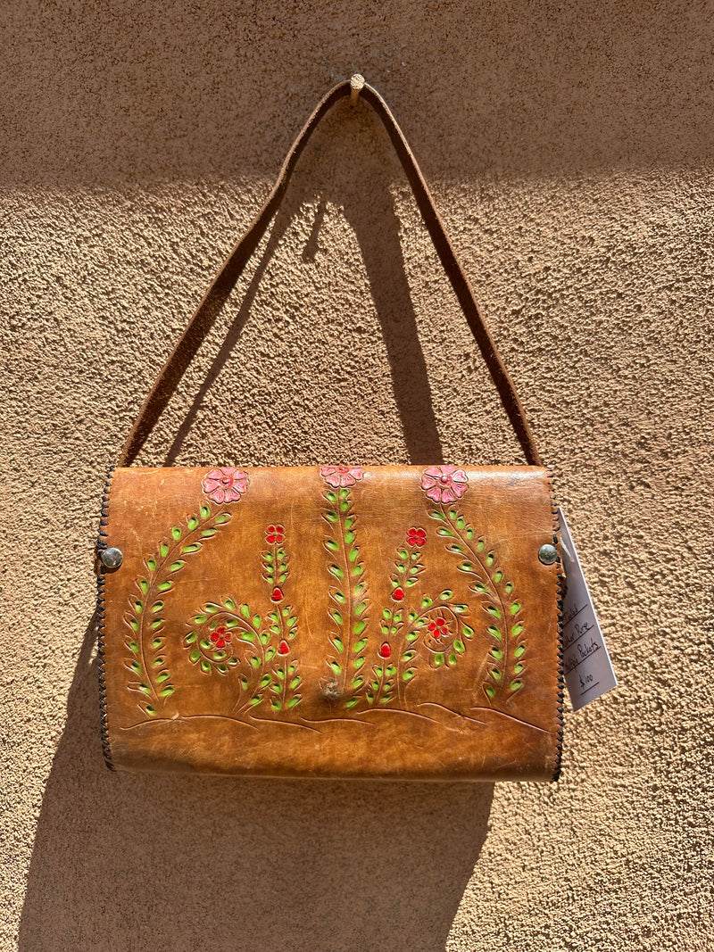 1960's Floral Hand Tooled Leather Purse with Multiple Pockets