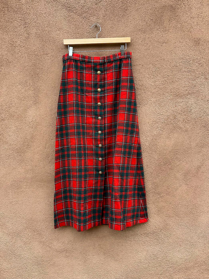 1960's Plaid Wool Skirt with Gold Buttons 29" Waist - as is