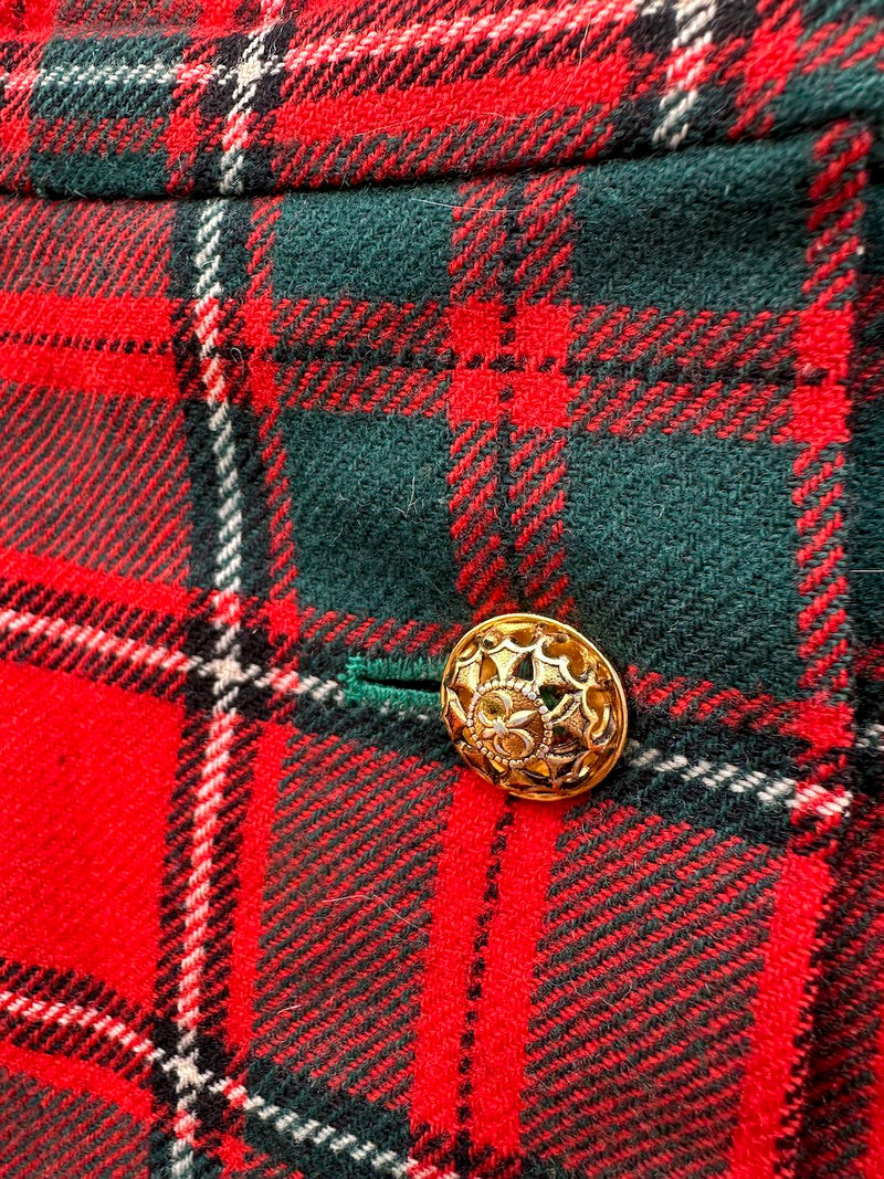 1960's Plaid Wool Skirt with Gold Buttons 29" Waist - as is